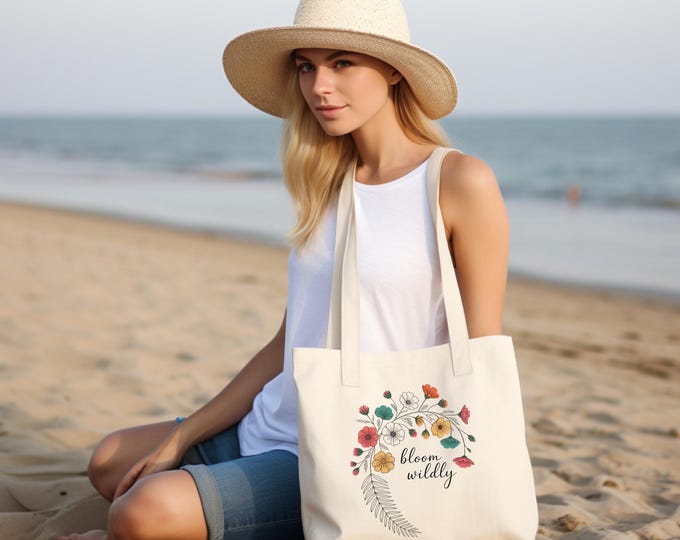 Bloom Wildly Floral Canvas Tote Bag, Eco-Friendly Shopping Bag, Reusable Grocery Tote, Gift for Garden Lovers, Floral Design Bag
