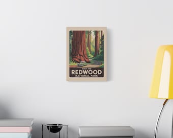 Canvas Wall Art, Retro Redwood National Park Matte, Stretched, 1 25", Home Decor, Nature Lover Gift, Vintage Forest Print, Woodland
