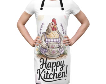 Happy Chicken Kitchen Apron - Cute Gift for Chef - Farmhouse Style Cooking and Baking - Kitchen Decor