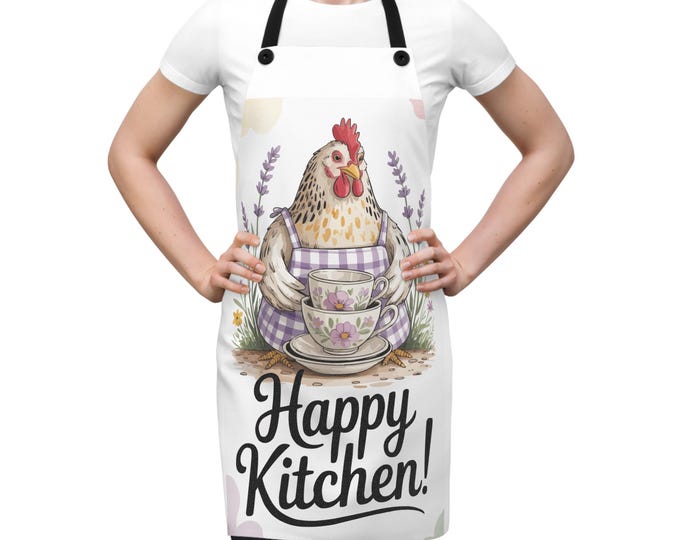 Happy Chicken Kitchen Apron - Cute Gift for Chef - Farmhouse Style Cooking and Baking - Kitchen Decor