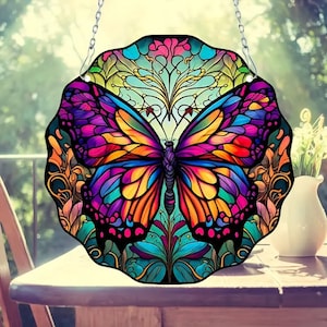 Butterfly Stained Acrylic Suncatcher Window Hanging Ornament, 6-inch Diameter with Chain for hanging For Butterfly Lover Gifts