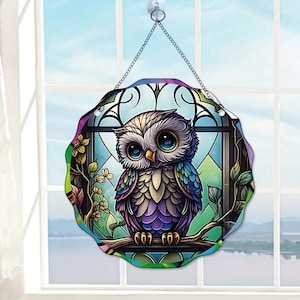 Owl-Stained Window Acrylic Hanging Suncatcher, Bird Suncatcher for Window Ornament, Owl Decor for Room Home Deco, 5.9 inch Diameter