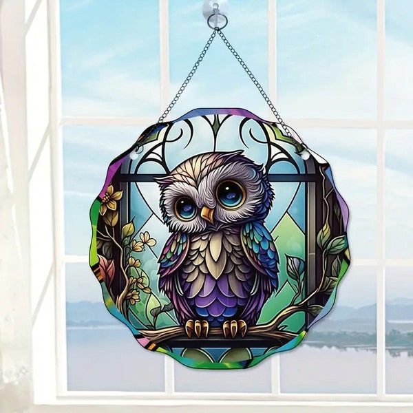 Owl-Stained Window Acrylic Hanging Suncatcher, Bird Suncatcher for Window Ornament, Owl Decor for Room Home Deco, 5.9 inch Diameter