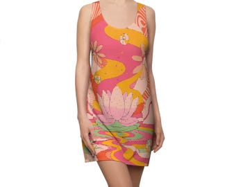 Retro Lotus Print Racerback Dress: Flower Power Fashion