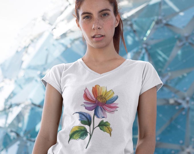 Vibrant Floral V-Neck Tee, Colorful Flower Shirt, Spring Casual Top, Gifts for Her, Boho Style Apparel