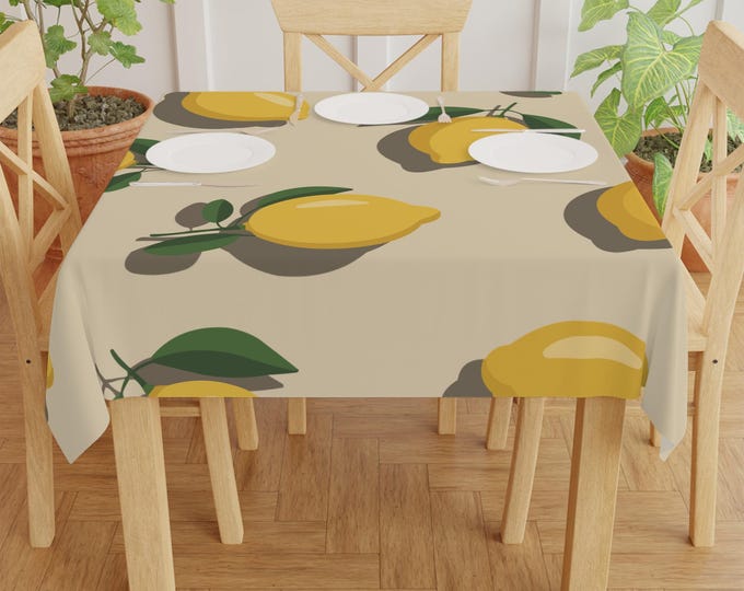 Lemon Print Tablecloth, Bright Lemon Table Cover, Summer Picnic Decor, Kitchen Table Linen, Fruit Themed Dining Accessory