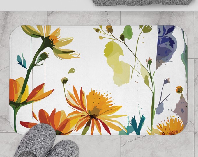 Watercolor Floral Bath Mat, Spring Flowers Bathroom Rug, Botanical Bath Rug, Spring Decor, Nature Lover Gift, Housewarming