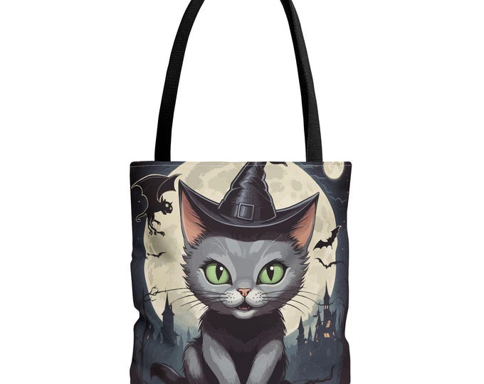 Halloween Black Cat Tote Bag, Spooky AOP Print