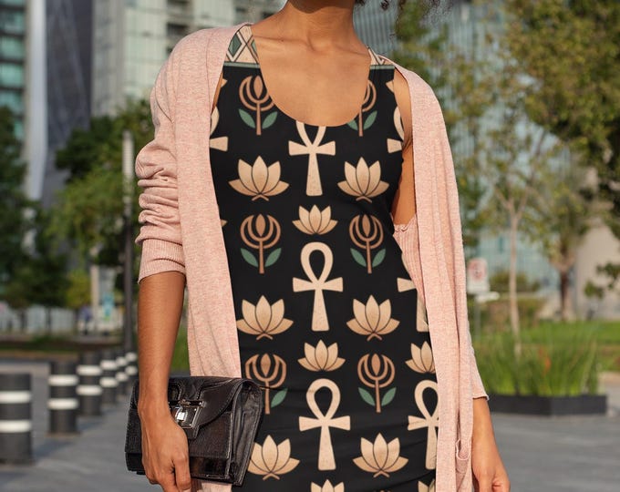 Egyptian Floral Racerback Dress, Black Ankh Print, Summer Apparel, Trendy Outfit, Festival Wear, Gift for Her, Casual Dress