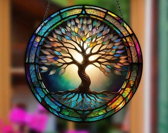 2 Styles 3D Tree of Life Stained Acrylic Suncatcher, Four Seasons Theme, Window Decoration, Nature Inspired, Stunning 6" Diameter Gift