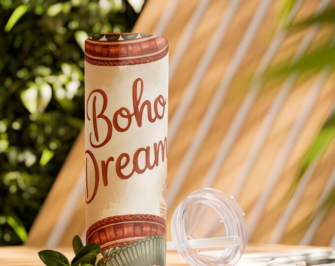 Boho Dreams Skinny Tumbler with Straw, 20oz - Stylish Travel Mug, Eco-Friendly Cup, Perfect Gift, Summer Vibes, Coffee Lover