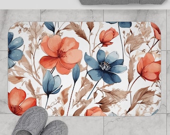 Boho Floral Bath Mat, Flower Bathroom Rug, Non-Slip Mat, Bohemian Home Decor, Vintage Style
