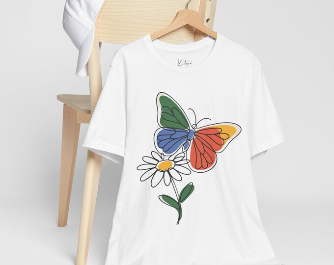 Colorful Butterfly Line Art Floral Tee, Unisex Shirt for Nature Lovers, Colorful Floral Tee, Butterfly Lover Gift, Casual Tee, Flower Line