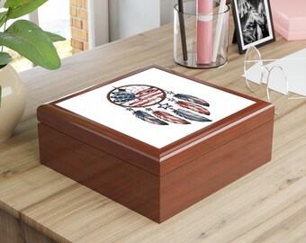 Dreamcatcher Jewelry Box, Boho Storage, Gift for Her, Organizer for Trinkets, Unique Home Decor, American Flag Design