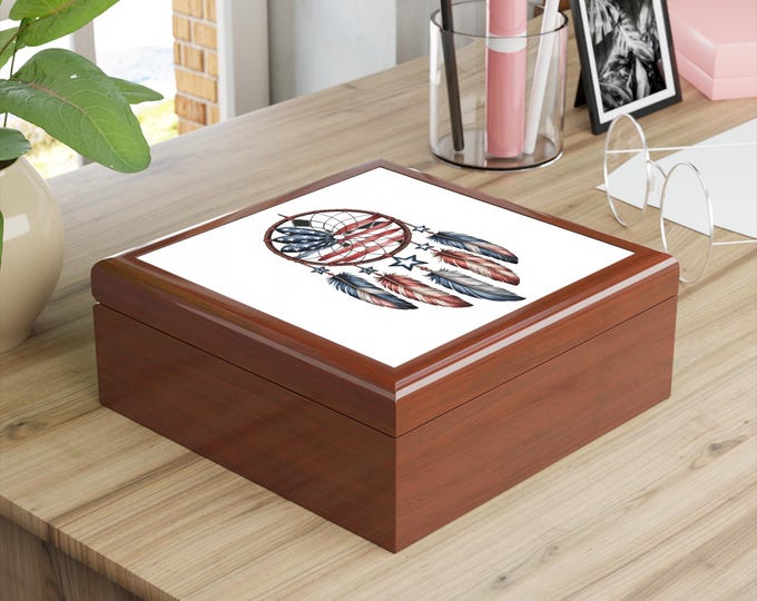 Dreamcatcher Jewelry Box, Boho Storage, Gift for Her, Organizer for Trinkets, Unique Home Decor, American Flag Design