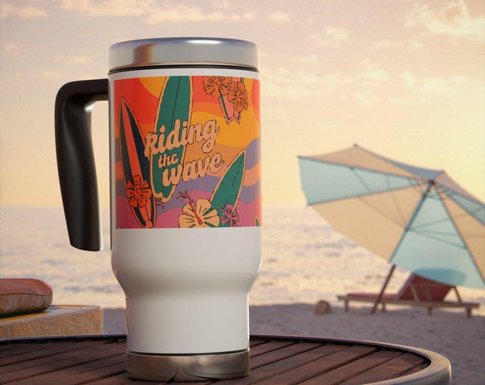 Colorful Surfing Vibes Travel Mug, Perfect for Beach Lovers, Riders, Vacation, Road Trips, Summertime Fun, Gift for Adventurers