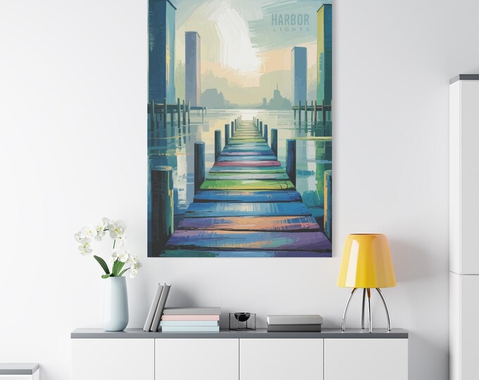 Canvas Print, Harbor Lights Painting Wall Art, Seascape Ocean Decor, Nautical Room Decor, Coastal Artwork, Beach House Wall Decor