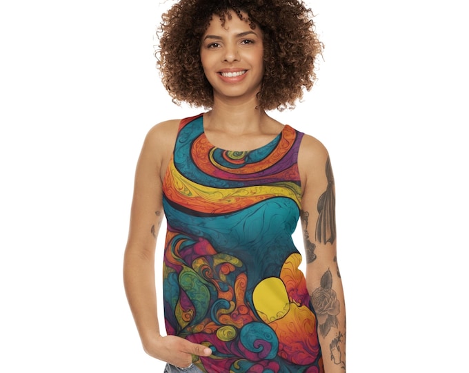 Vibrant Psychedelic Swirl Pattern Unisex Tank Top, Bohemian Summer Wear, Beach Party Outfits, Festival Fashion, Colorful Gift Idea