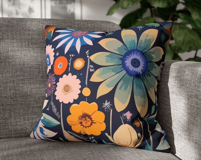 Mixed Color Floral Pillowcase, Square Shape, Faux Suede, Flower Lover Gift, Home Decor
