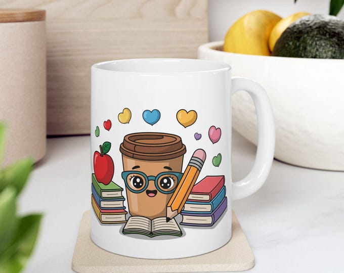 Cute Teachers Ceramic Mug with Books & Apple Design, Back to School Gift, Coffee Cup for Educators, Classroom Decor, Gift for Students