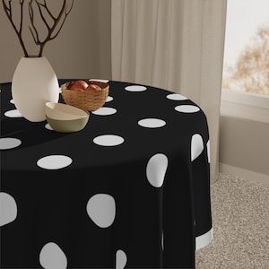 Black Polka Dot Tablecloth, Modern Decor, Party Table Cover, Kitchen Table Accessory, Black and White Table Linens, Picnic Tablecloth