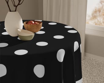 Black Polka Dot Tablecloth, Modern Decor, Party Table Cover, Kitchen Table Accessory, Black and White Table Linens, Picnic Tablecloth