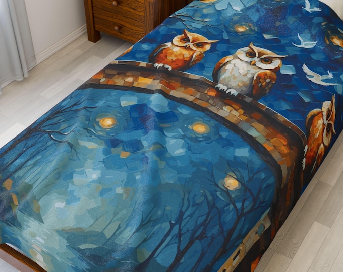 Bridge with Owls Velveteen Plush Blanket, Van Gogh Style Throw, Cozy Home Decor, Whimsical Bedding