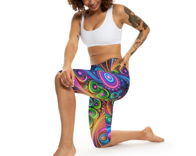 Psychedelic Capri Leggings, Colorful Leggings, Yoga Pants, Casual Wear, Festival Outfit, Summer Yoga Gear, Trendy AOP Leggings