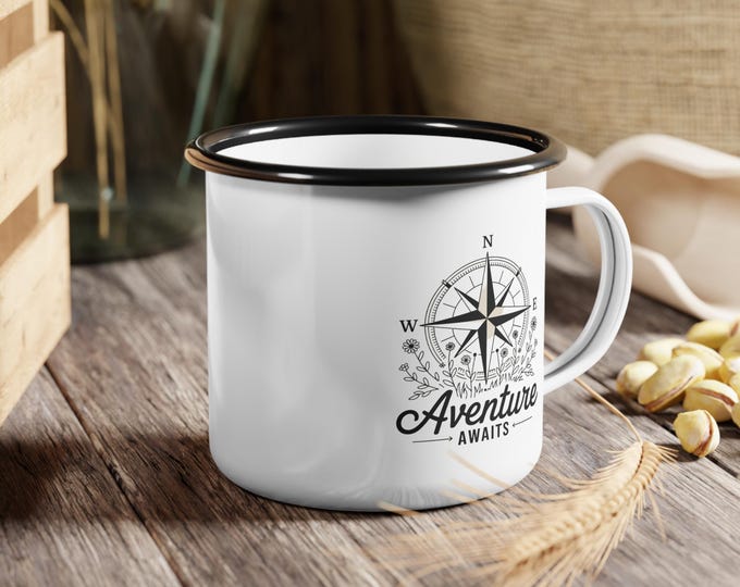 Adventure Awaits Enamel Camp Cup, Camping Mug, Outdoor Coffee Cup, Gift for Adventurers, Hiking Accessory, Travel Memento