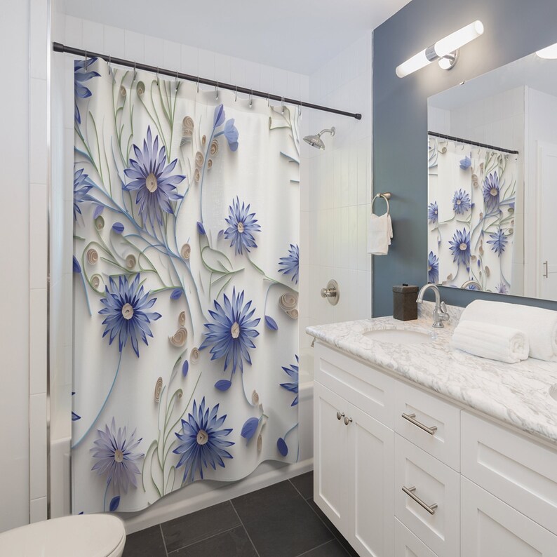 Blue Cornflower Shower Curtains, Floral Bathroom Decor, Nature Inspired