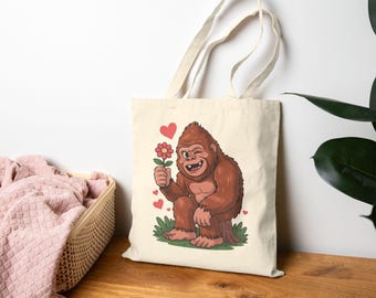 Bigfoot Love Tote Bag, Cute Sasquatch Tote Bag, Funny Yeti Tote, Quirky Cryptid Bag, Novelty Monster Tote, Unique Mythical Creature Bag