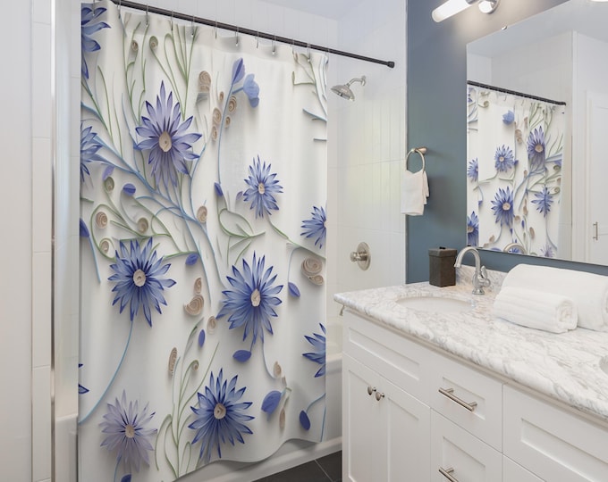 Blue Cornflower Shower Curtain – Nature-Inspired Botanical Bathroom Decor, Quick-Dry Polyester