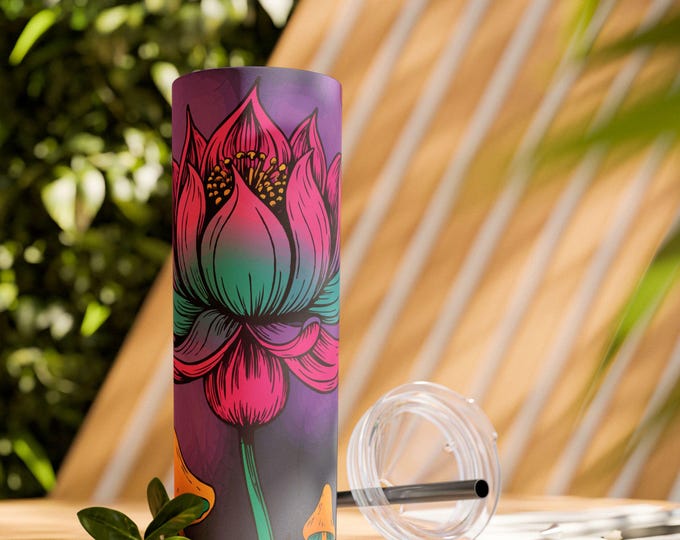 Floral Skinny Tumbler – 20oz Colorful Flower Cup with Lid & Straw, Boho Travel Tumbler, Bright Gift for Her