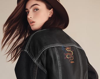 Dragon 2 sided Embroidered Denim Jacket, Unisex Outerwear Clothing, Mythical Beast Streetwear, Custom  Fantasy Dragon Apparel,