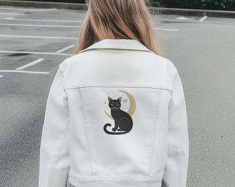 Charming Embroidered Cat 2 Sided Denim Jacket, Stylish Outerwear, Unique Gift for Cat Lovers, Casual Fashion Statement, Perfect for Spring