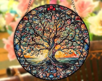 2 Styles 3D Tree of Life Stained Acrylic Suncatcher, Four Seasons Theme, Window Decoration, Nature Inspired, Stunning 6" Diameter Gift