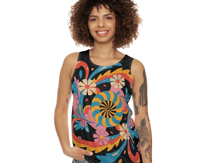 Retro Psychedelic Tank Top, Unisex Sleeveless Shirt, Colorful Summer Vest, Vintage 70s Style Muscle Tee, Festival Clothing
