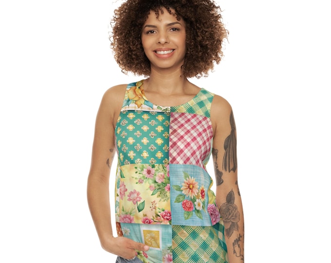 Floral Patchwork Tank Top, Flower Pattern Sleeveless Shirt, Summer Floral Top, Gender Neutral Tank, Boho Tank, Hipster Tank
