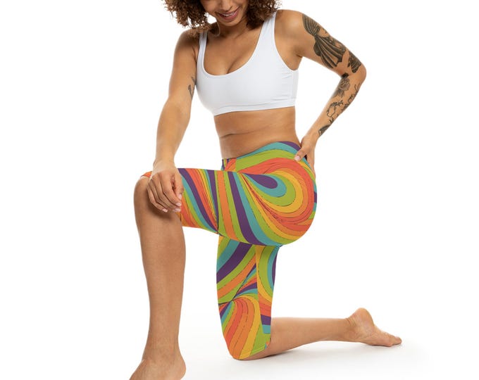 Retro Swirl Capri Leggings for Women - Trendy Yoga Pants, Comfy Workout Bottoms, Stylish Athletic Tights, Vintage Leggings, Retro Fitness