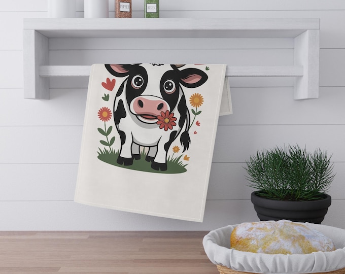 Cute Cow Print Tea Towels, Farmhouse Kitchen Decor, Gift for Cow Lovers, Country Kitchen Tableware, Floral Cow Art Kitchen Textile