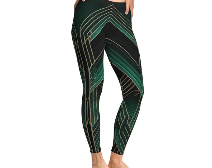 Geometric Stretchy Leggings, Green and Black Patterned Pants, Yoga Tights, Activewear Bottoms, Athleisure Apparel