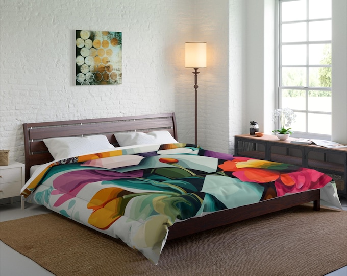 Flowers and Rectangles Comforter - Floral Bedding Set, Soft Bedroom Decor, Cozy Duvet Cover, Unique Botanical Design, Home Textile