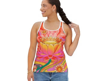 Retro Psychedelic Lotus Tank Top, Peaceful Floral Design, Spiritual Gift, Summer Style, Yoga Festival Wear, Women's Sleeveless Shirt