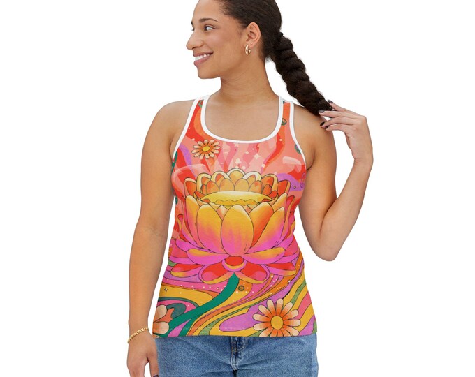 Retro Psychedelic Lotus Tank Top, Peaceful Floral Design, Spiritual Gift, Summer Style, Yoga Festival Wear, Women's Sleeveless Shirt