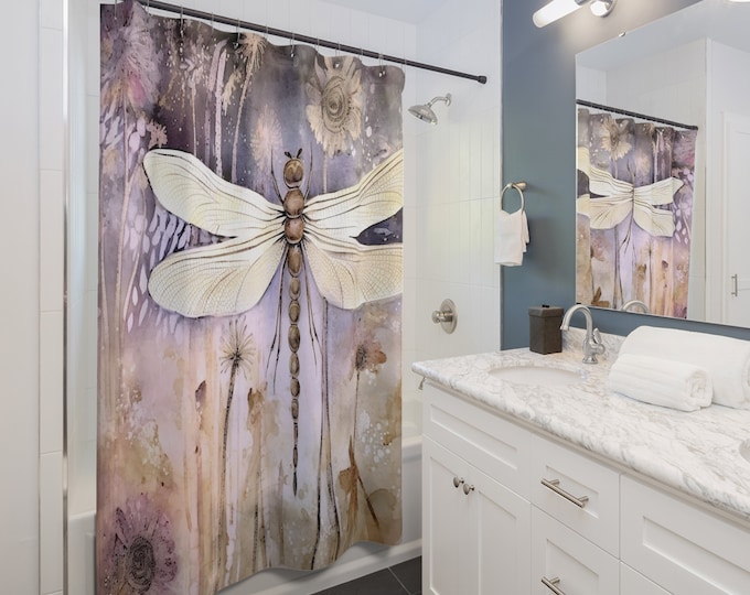 Rustic Dragonfly Floral Shower Curtain, Grunge Bathroom Decor, Vintage Floral Bath Curtain, Nature Inspired Home Decor