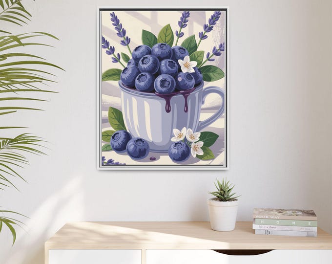 Blueberry Bliss Matte Canvas Art, Kitchen Decor, Floral Wall Art, Fruit Print, Gift for Food Lovers, Whimsical Home Decor