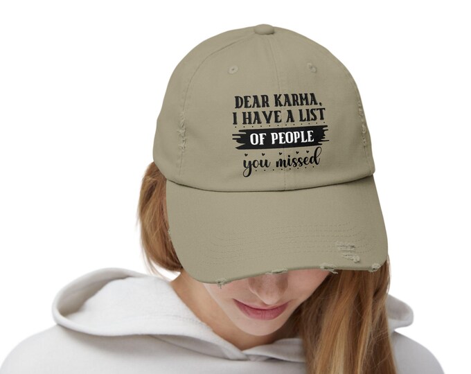 Dear Karma Distressed Cap, Unisex Baseball Cap, Vintage Style Dad Cap, Embroidered Cap, Karma Gift