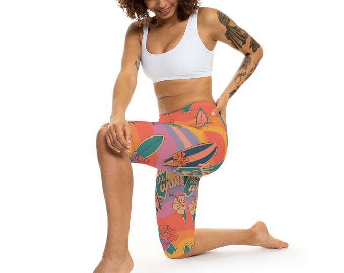 Surf Vibe Capri Leggings - Perfect for Yoga, Beach Days, Activewear & Summer Fun, 'Riding the Wave' Design, Boho Style