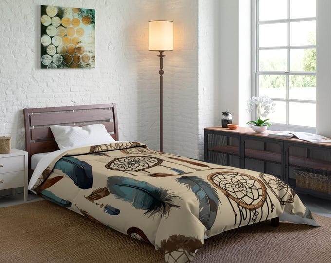 Boho Dreamcatcher Comforter, White Feather Print, Tribal Bedding, Bohemian Decor, Bedroom Decor, Gift For Her