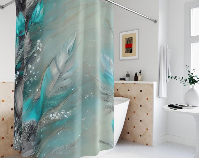 Teal Feather Shower Curtains - Relaxing Bathroom Decor, Unique Home Accessories, Boho Chic Interior Design, Nature Inspired Bath Curtain,